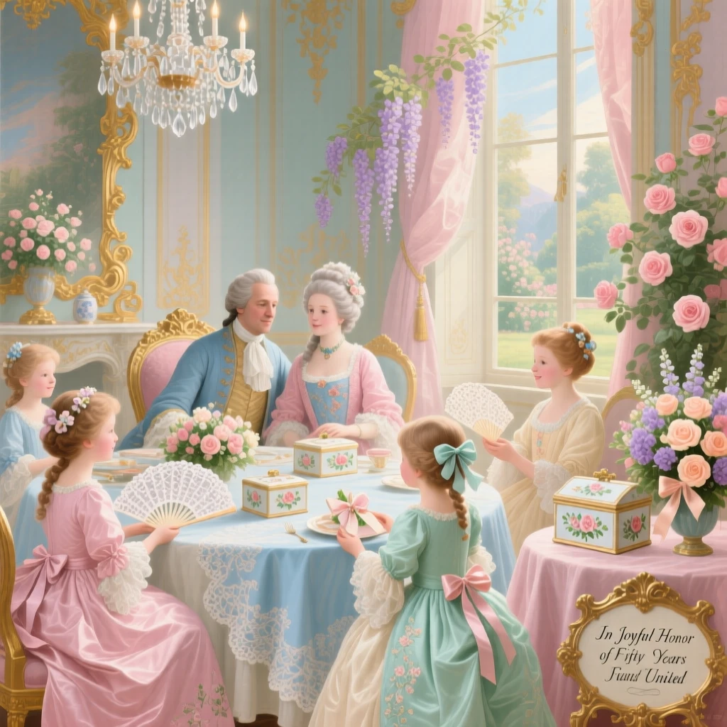 A royal anniversary banquet with grandchildren presenting handmade gifts  