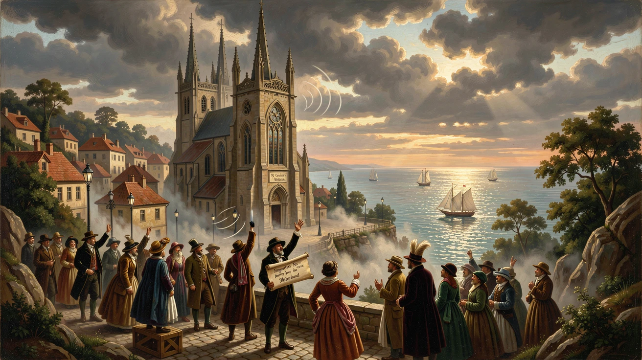A crowd of merchants announces news in a hilltop city overlooking the sea as church bells ring out.