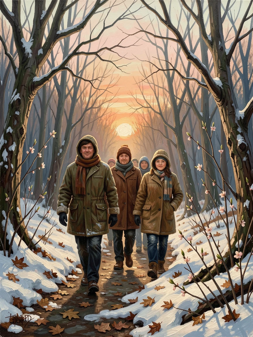 A New Year's Day sunrise hike with friends bundled in warm coats, with authentic seasonal textures like snow, leaves, or blossoms, evoking cherished holiday memories and nostalgic feeling
