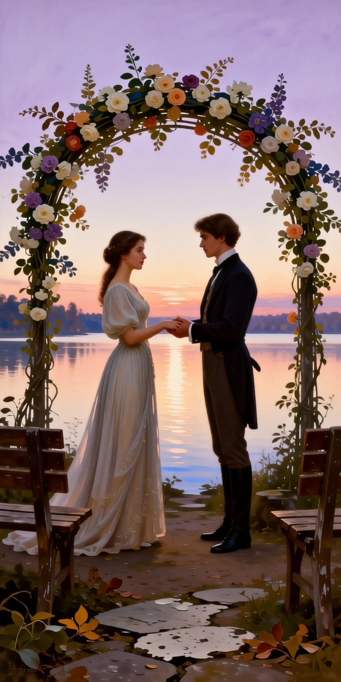 A young couple exchanging vows beneath a blossoming arch at the exact instant a memory is quietly being made, set beside a lakeshore glowing under a soft evening sky, with worn, familiar surroundings that speak of years shared together; a soft, blurred background keeps the emotional connection in sharp focus, evoking pure, unguarded tenderness and love.