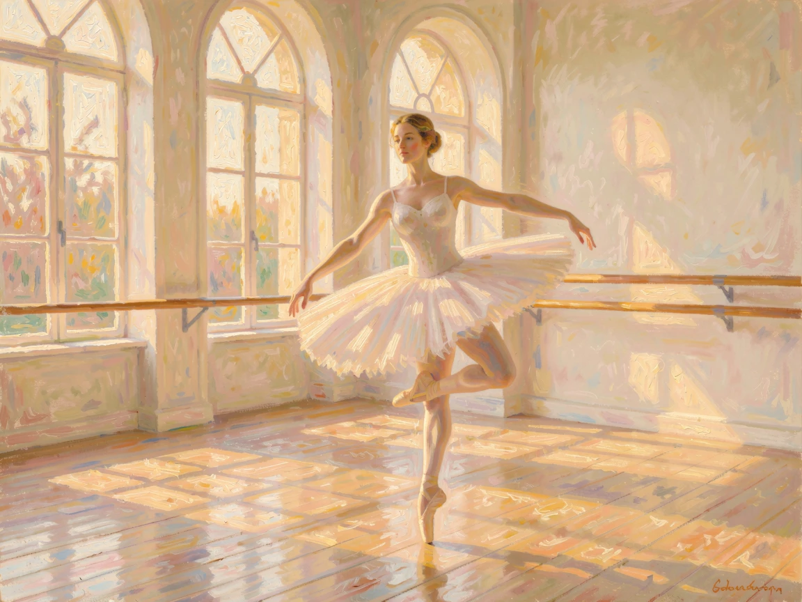 A ballerina caught mid-pose in a sunlit studio, her tutu catching the golden afternoon light through tall windows, as the first light of dawn breaks.