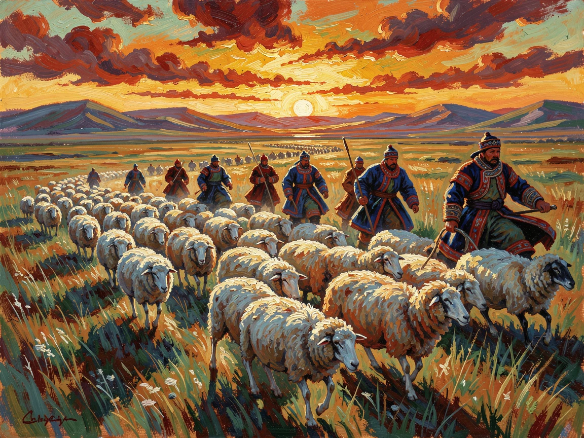 Nomadic herders driving a flock of sheep across the Mongolian steppe at sunset.