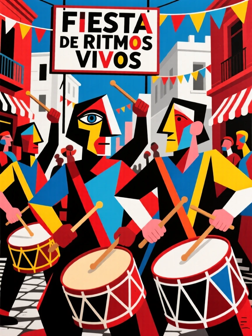 A group of drummers performing energetically at a vibrant street festival.