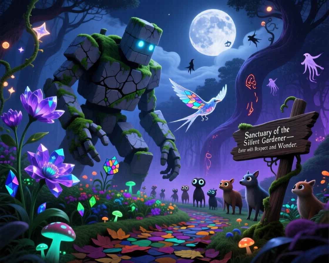 A golem of stone and moss tending a quiet garden alone drifts quietly along the edge of a moonlit forest, as small creatures gather cautiously nearby to watch.