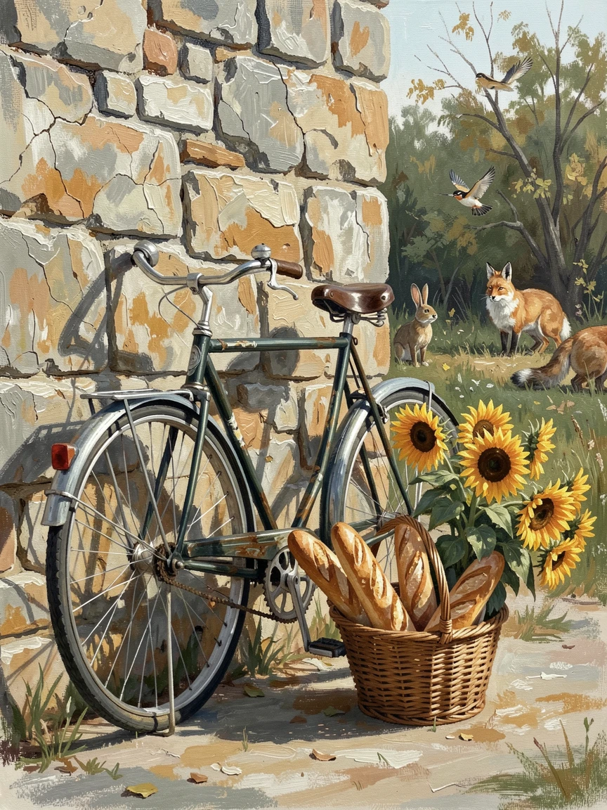 A vintage bicycle leans against a stone wall beside a basket overflowing with fresh baguettes and a bunch of sunflowers, with scattered wildlife visible moving quietly through the middle distance of the composition.