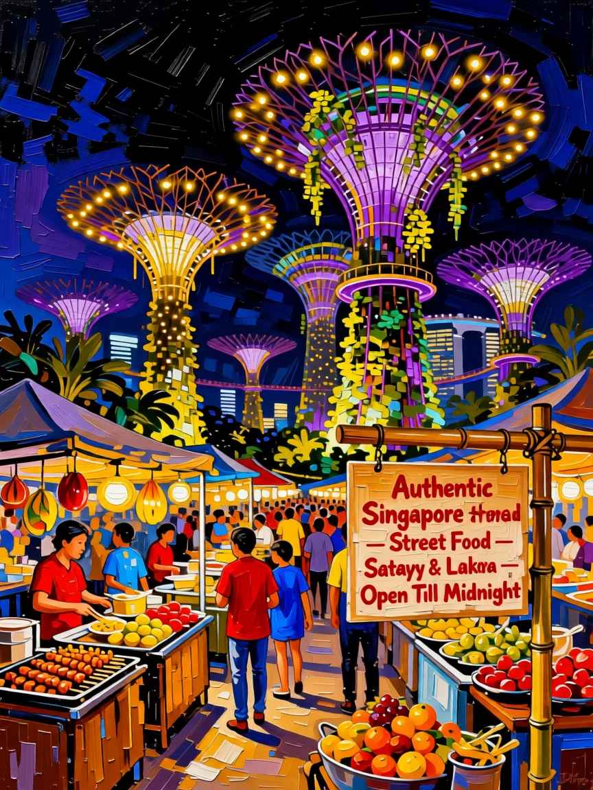 A bustling Singapore night market beneath the glowing Supertree Grove