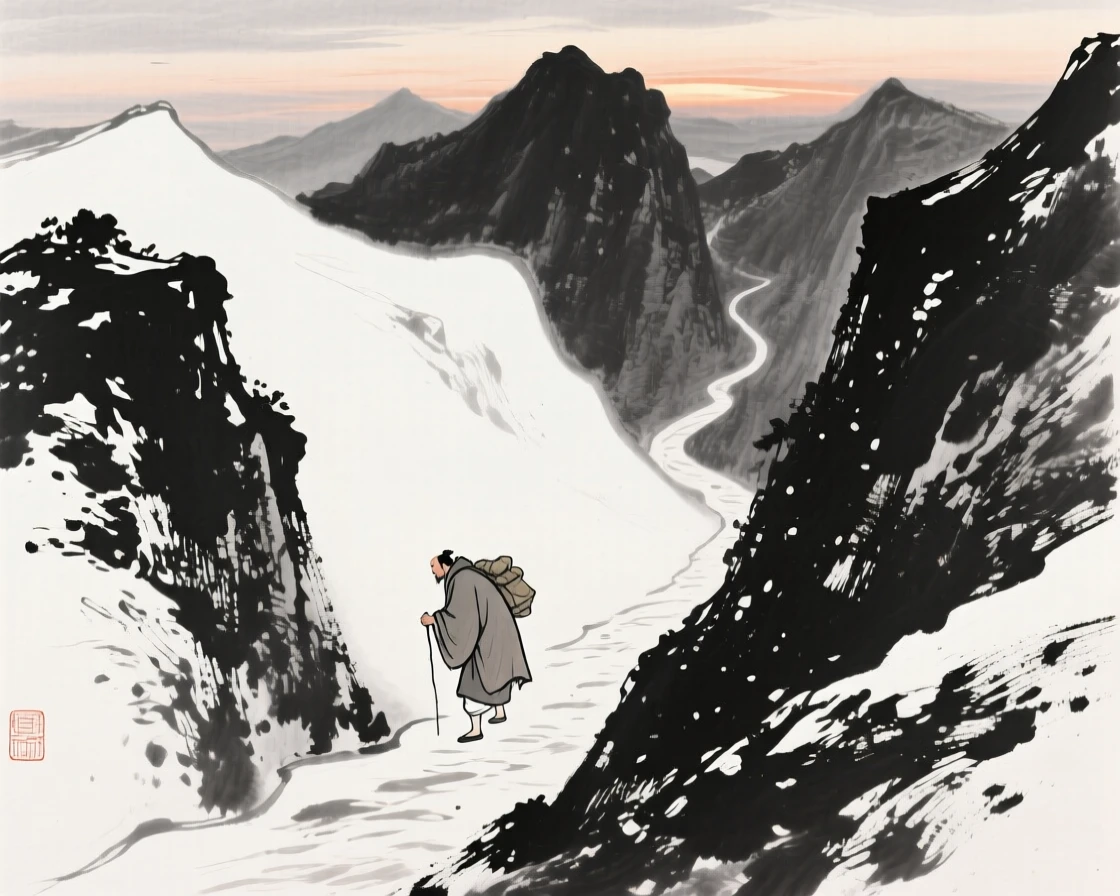 A lone traveler trudges through deep snow along a narrow mountain path, as the last light of day fades behind snow-covered peaks.