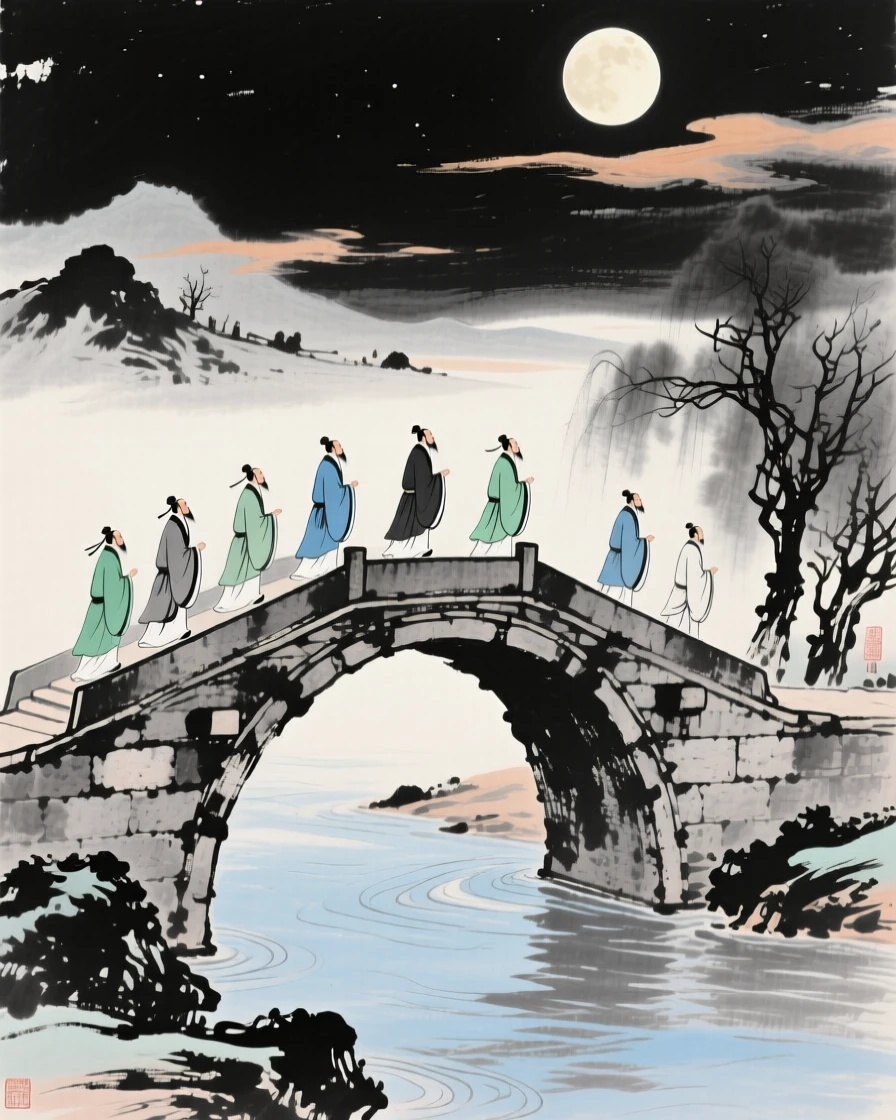 A procession of scholars crossing an ancient stone bridge in ceremonial robes, under a full moon, under clearing skies after a storm.