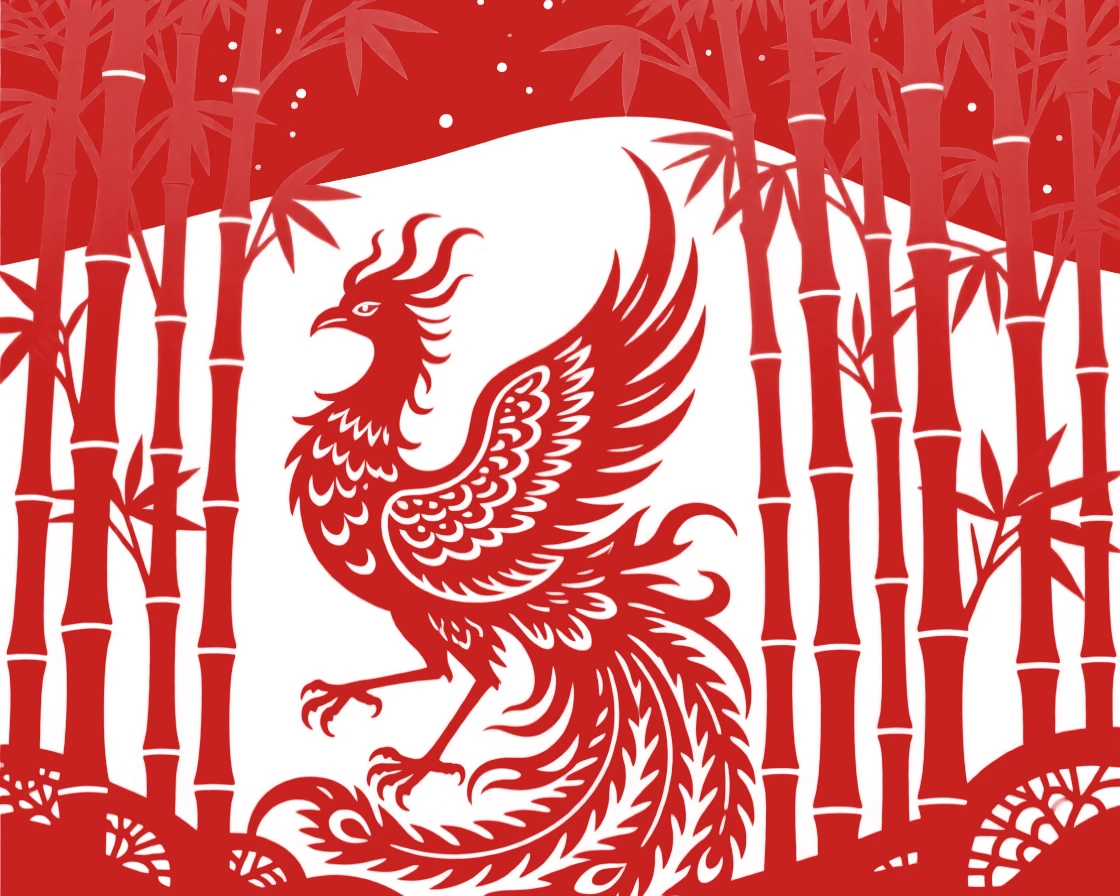 A phoenix of living flame, woven through a forest of impossibly tall bamboo, glowing softly against the deep night sky.