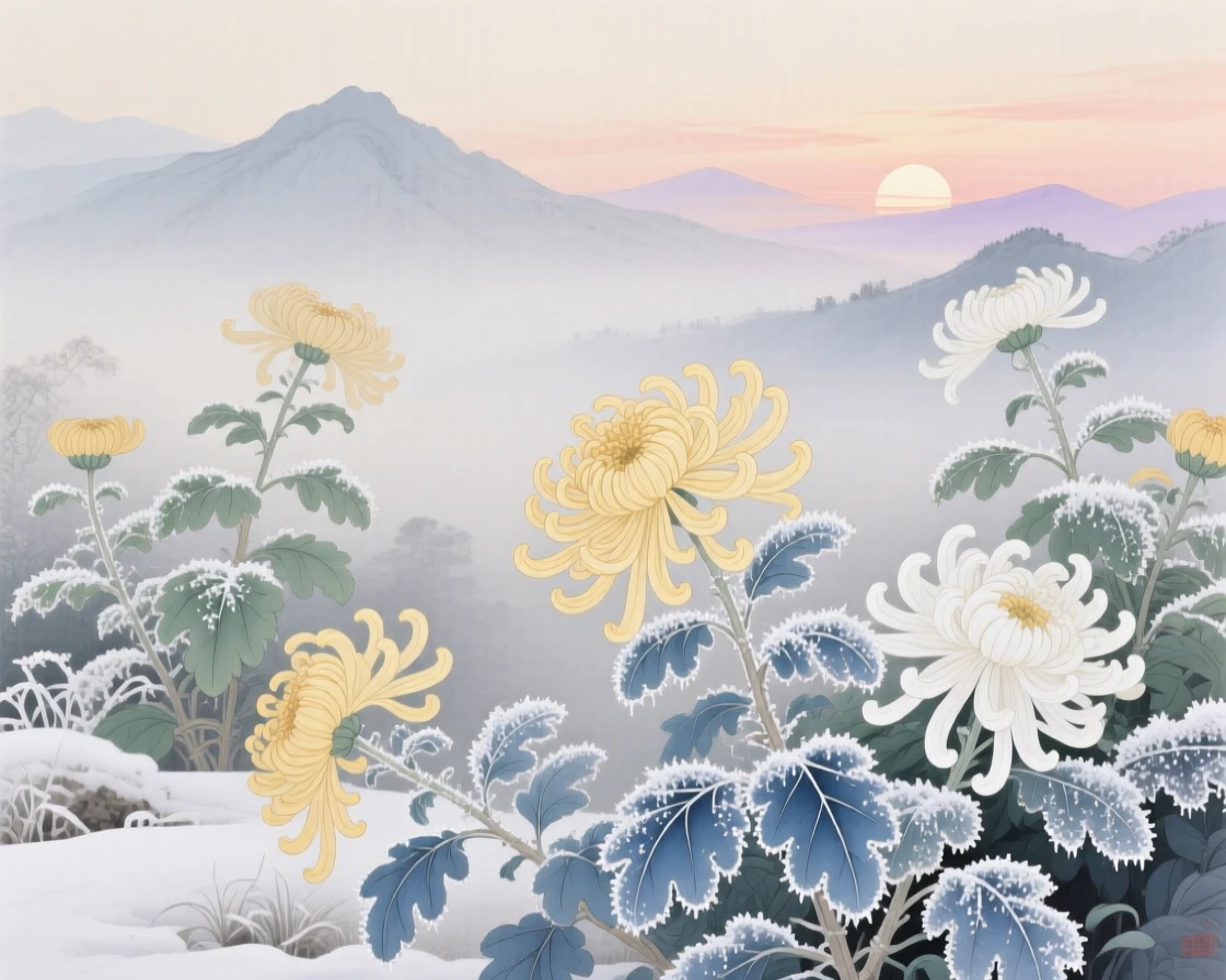 A frost-covered chrysanthemum garden at first light in early winter, with distant mountains fading into soft mist