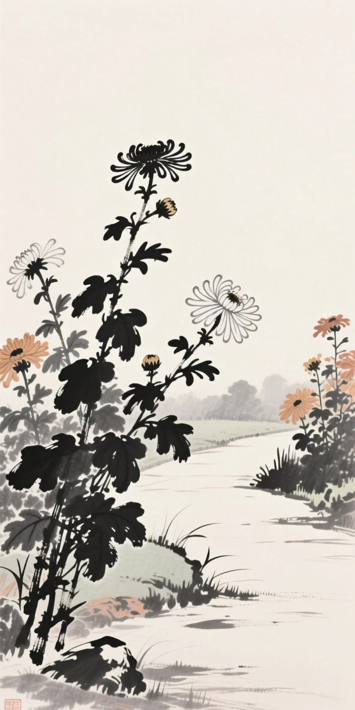 A stand of autumn chrysanthemums beside a quiet garden path, composed with generous open space around it, suggesting patience, resilience, and quiet strength.