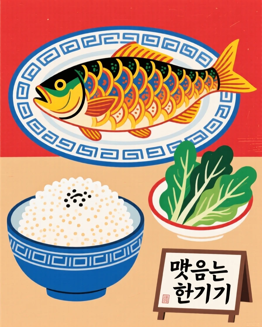 A plate of grilled fish beside a bowl of steamed rice and greens.