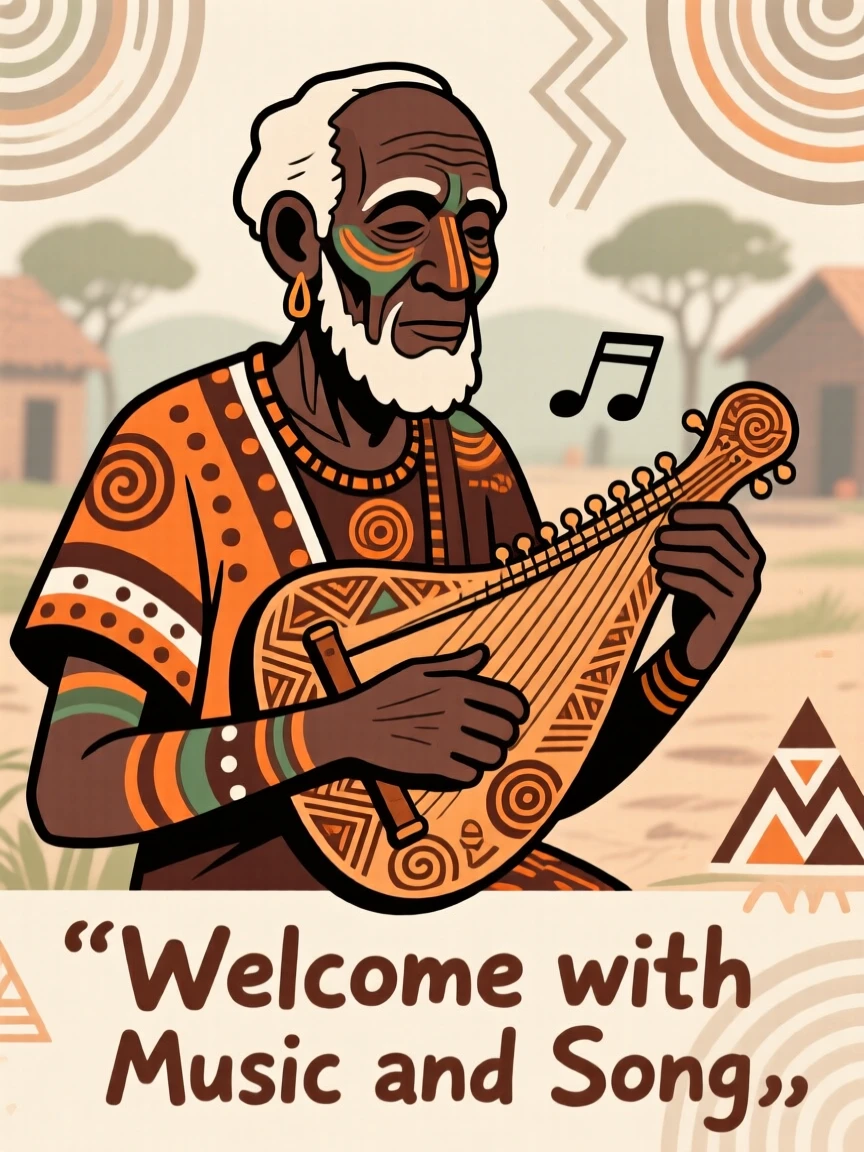 An elder playing a thumb piano welcoming guests with music and song.