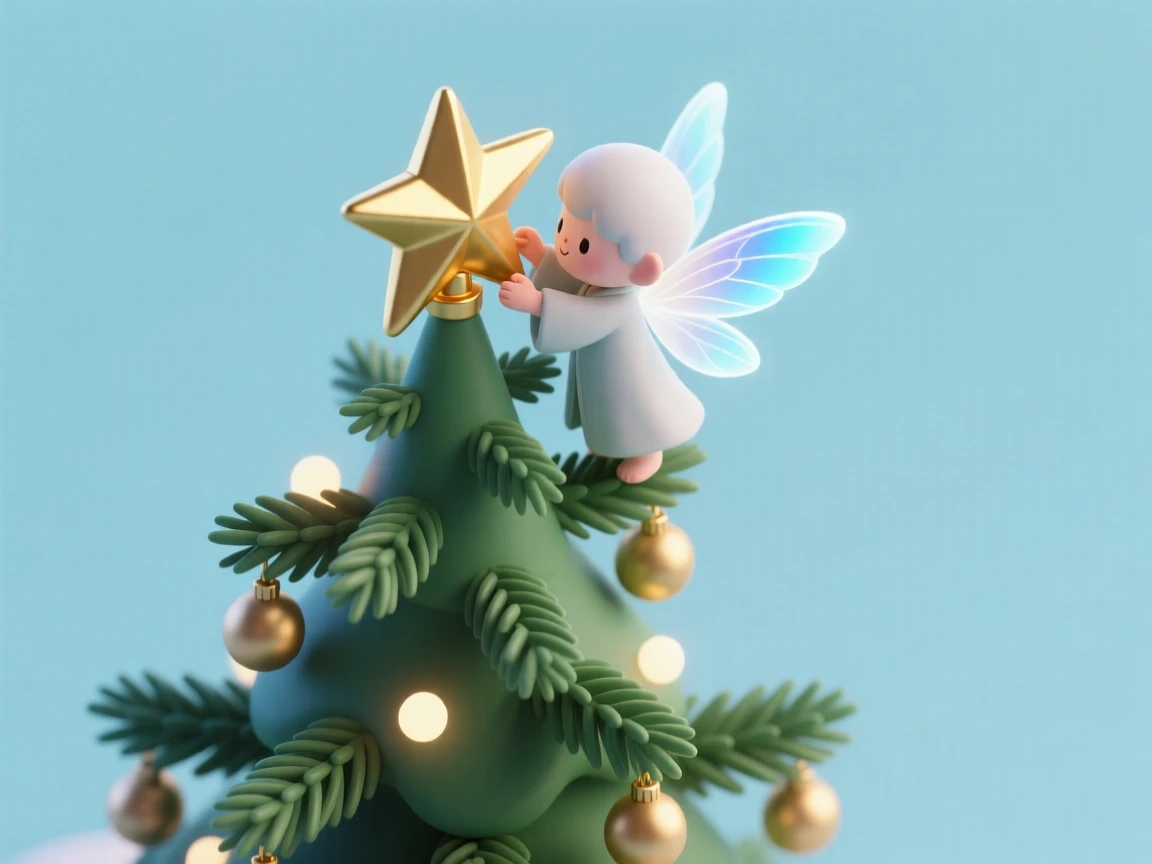 A star being carefully placed atop a Christmas tree by a tiny celestial being with glowing wings.