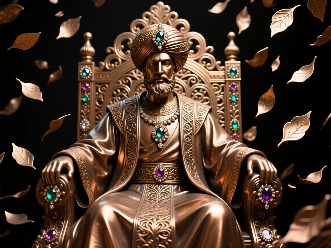 An ottoman sultan seated upon a jeweled throne, surrounded by falling petals or leaves, forming a strong central focal point