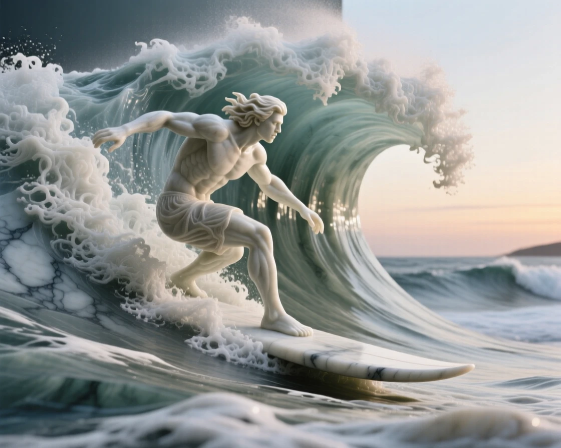 An evocative depiction of a surfer riding a towering wave at dawn, captured with cinematic depth and detail, balancing detail with emotional depth
