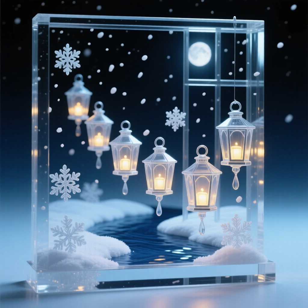 Beneath a sky filled with gently falling snow, a parade of lanterns floating down a river at night, while snowflakes drift slowly past the window