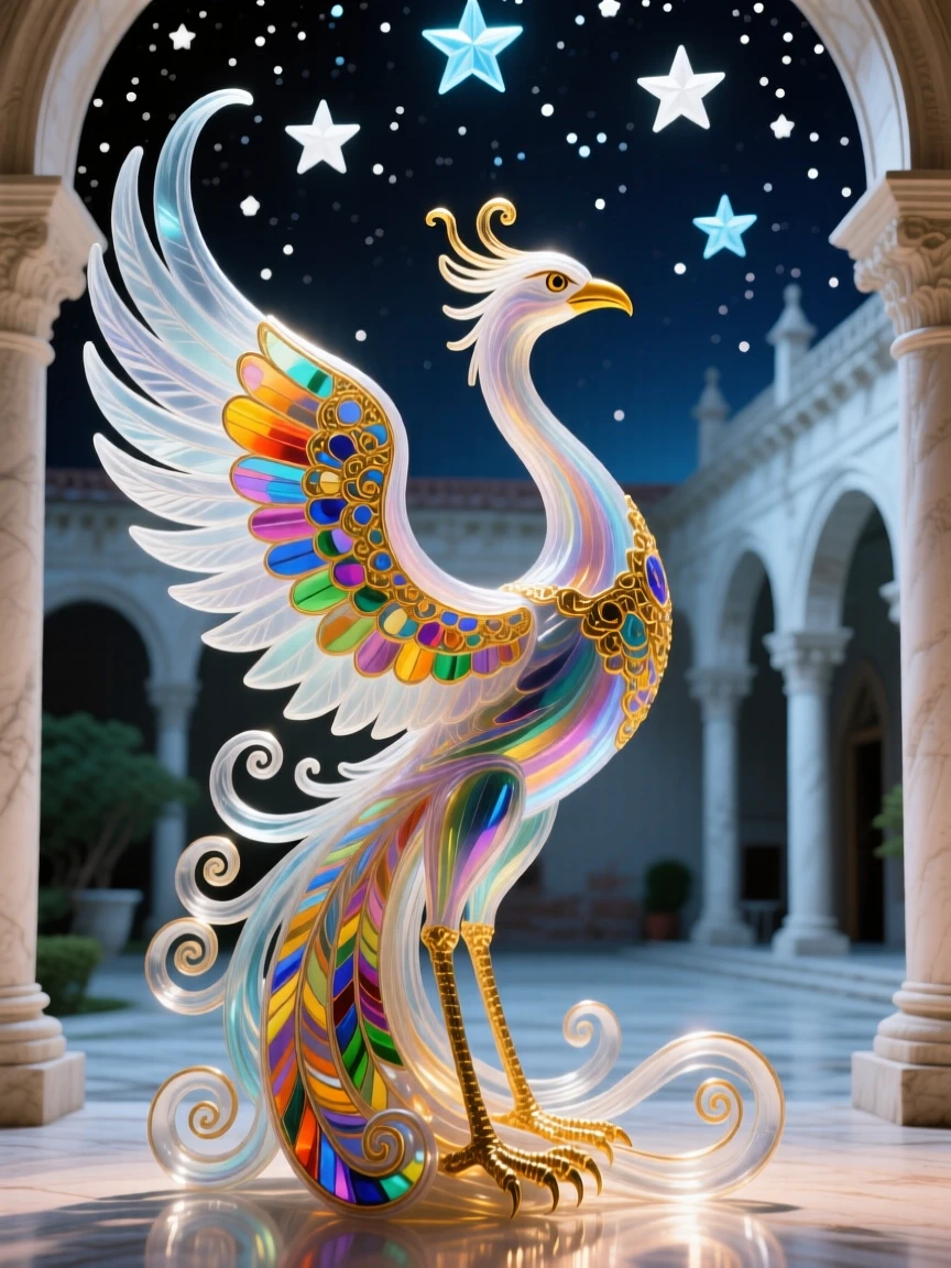 A grand phoenix statue glowing beneath a starlit temple courtyard, powerful and serene.