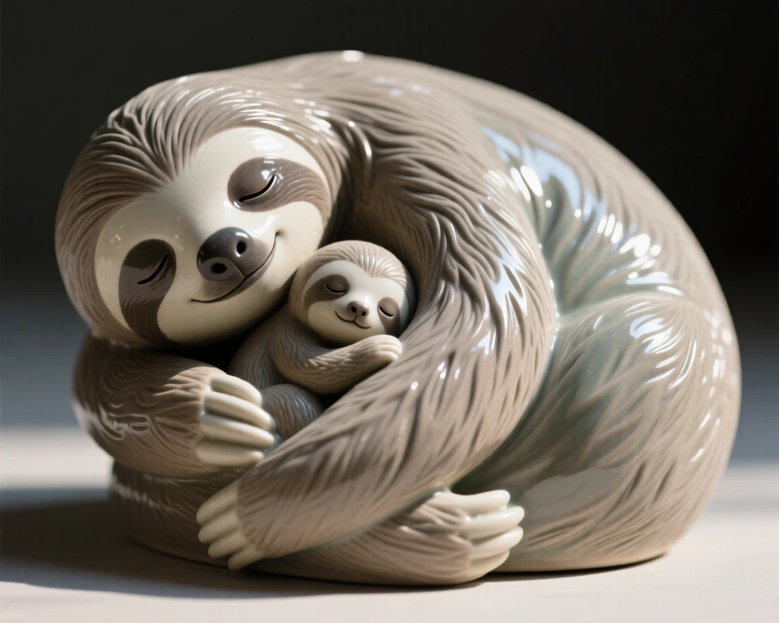 A napping sloth curled protectively around its young, dappled in shifting patches of sunlight, conveying calm strength and quiet pride.
