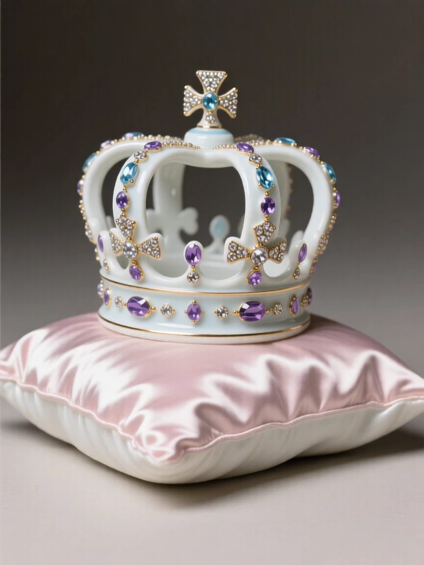 An elegant jeweled crown resting on a satin pillow, radiating quiet old-world elegance.