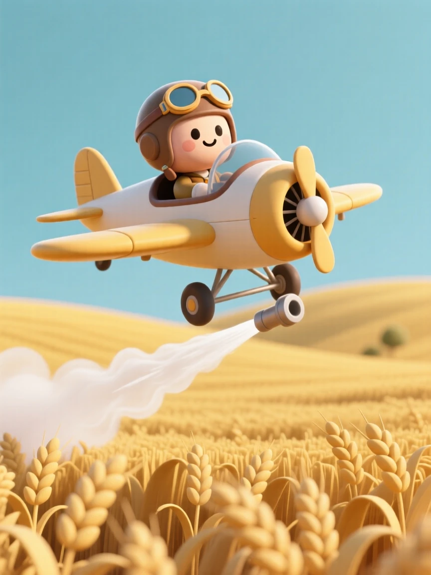A determined crop duster pilot banks low over golden wheat fields, spraying a fine cooling mist.