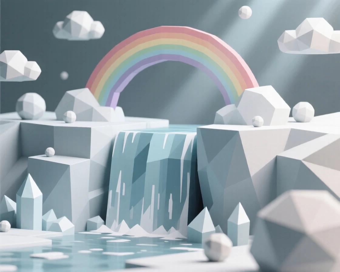 A frozen waterfall encased in ice, beneath a rainbow after a passing storm. soft light rays break through scattered clouds. The view feels timeless and untouched.