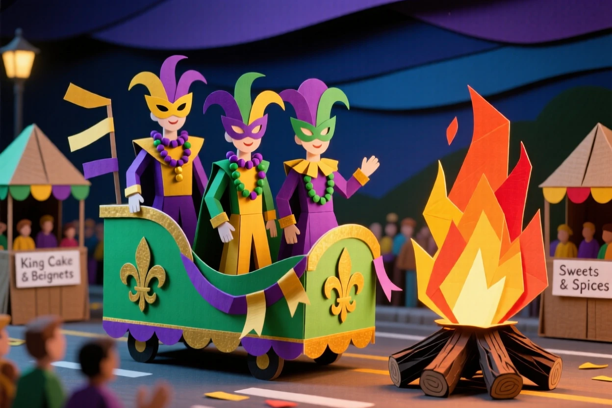 A lively Mardi Gras parade filled with the golden light of a bonfire, with the scent of seasonal treats filling the air, capturing cherished holiday tradition.