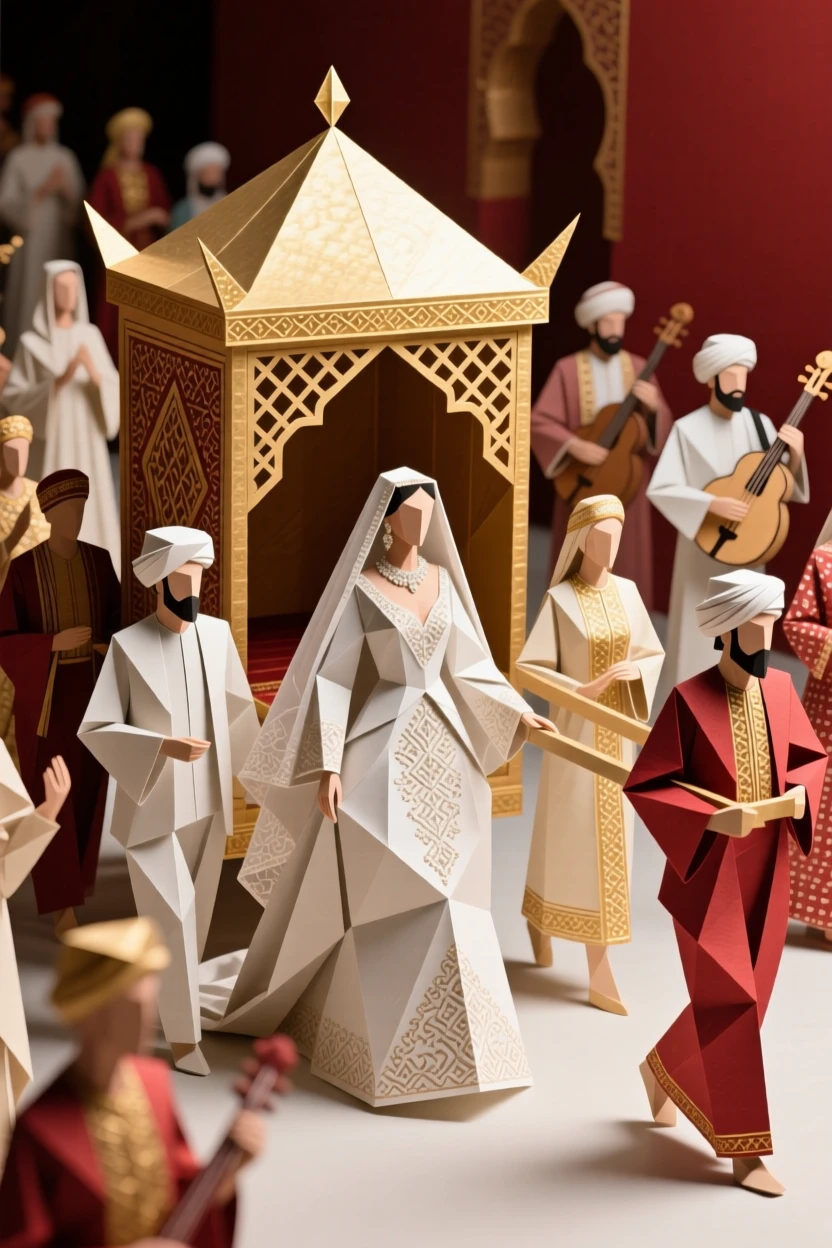 A Moroccan wedding celebration scene with an elaborately decorated bridal procession.
