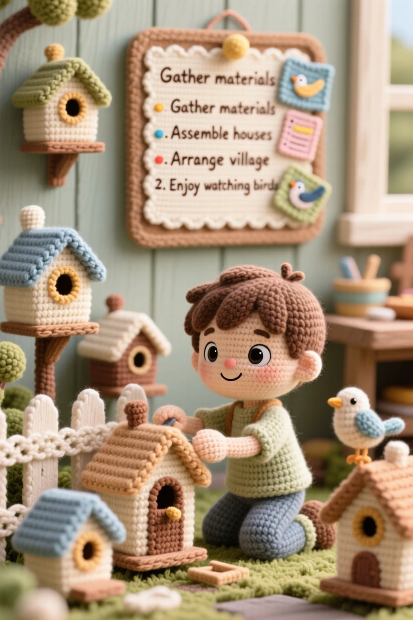 a small boy building a birdhouse village, with several tiny houses, arranging them along a garden fence, in a quiet backyard workshop, with a cheerful checklist pinned to a board, radiating joyful discovery and playful learning.