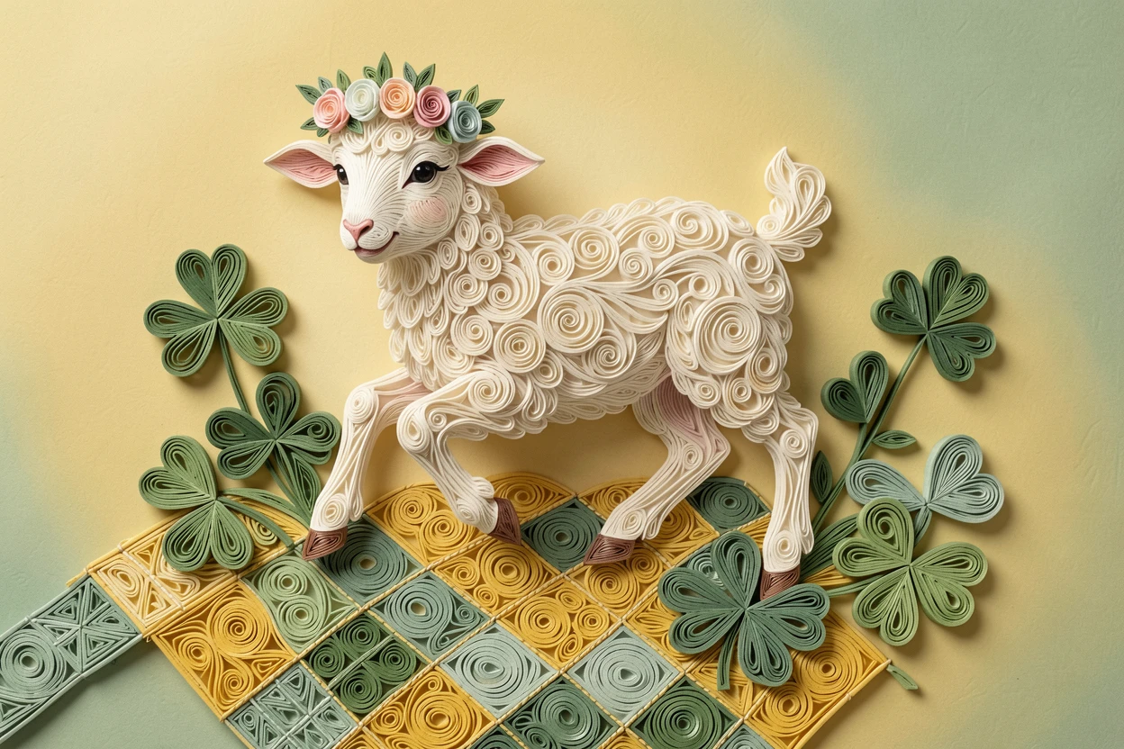 a lamb with a tiny flower crown hopping through clover, on a quilted patchwork blanket in a backyard, set against a warm gradient background, in a palette of buttery yellow and sage green.