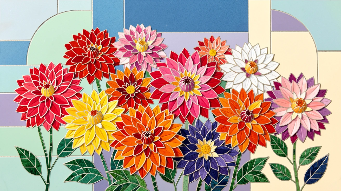 A vibrant dahlia garden bursting with layered petals of every hue.