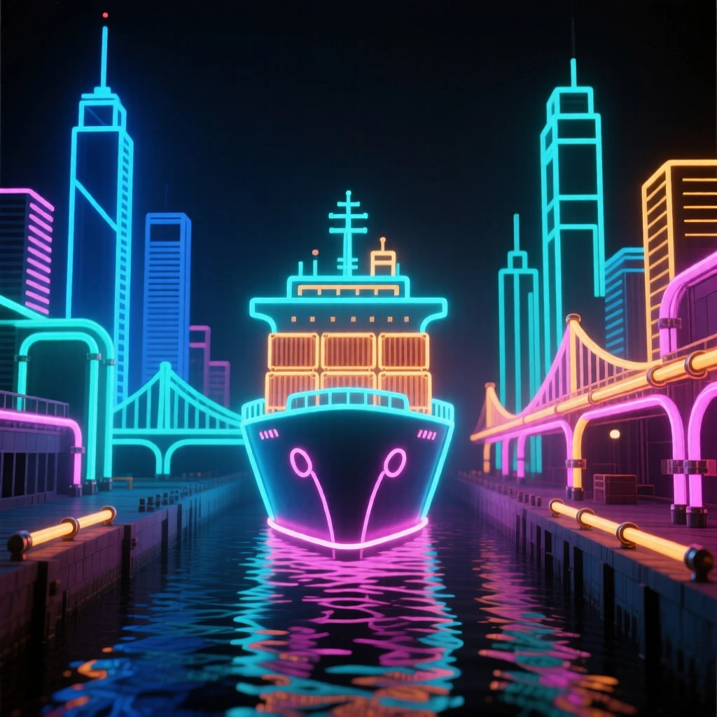 A cargo ship navigating a narrow canal between two cities.