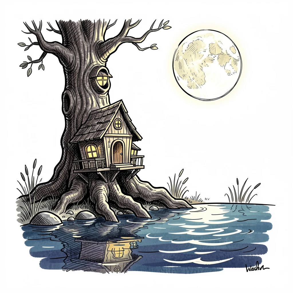 A cottage built into the trunk of a giant tree beside a quiet moonlit lake.