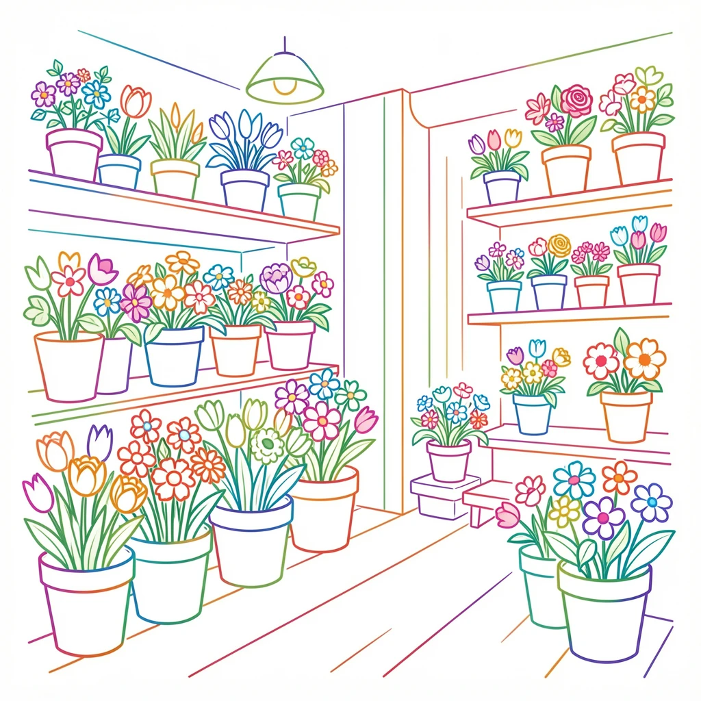 A cozy flower shop interior with buckets of fresh blooms lining the walls.