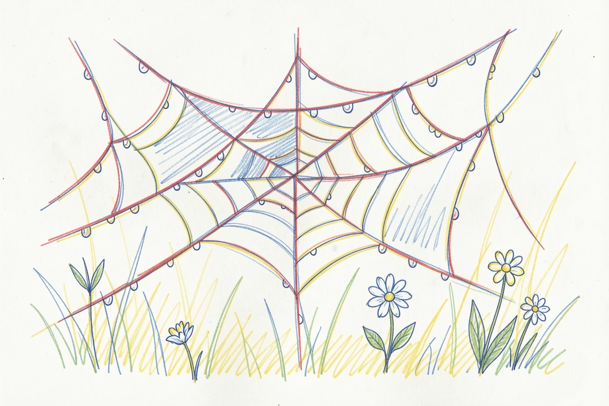 A misty spring morning with dew clinging to spiderwebs in a meadow