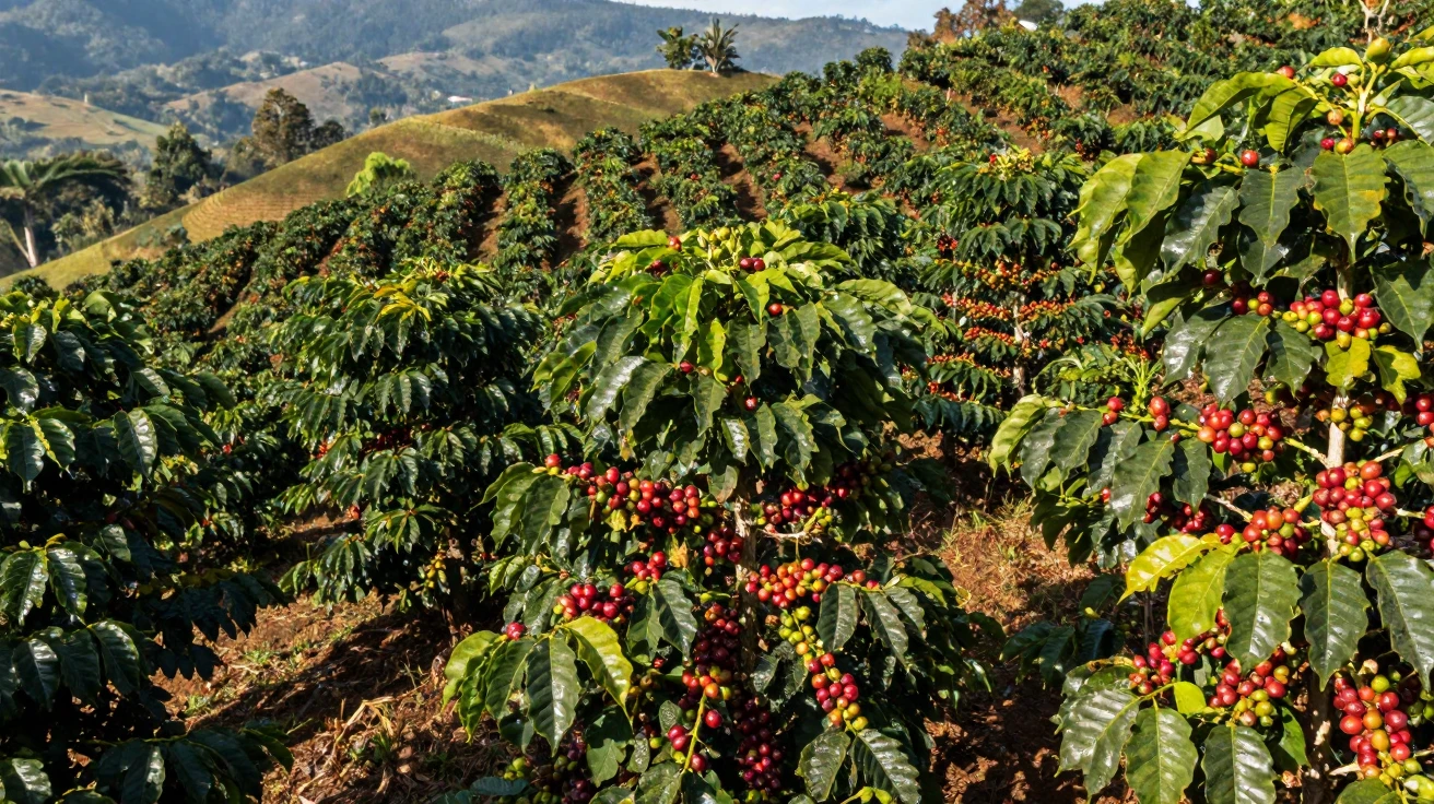 A Colombian coffee farm with rows of ripening cherries