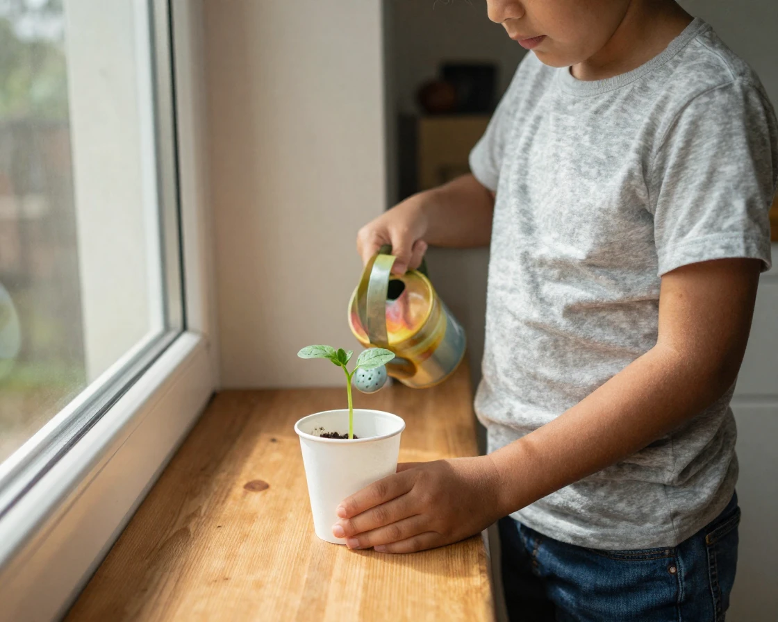 A child carefully waters a single bean sprout in a paper cup on a windowsill.