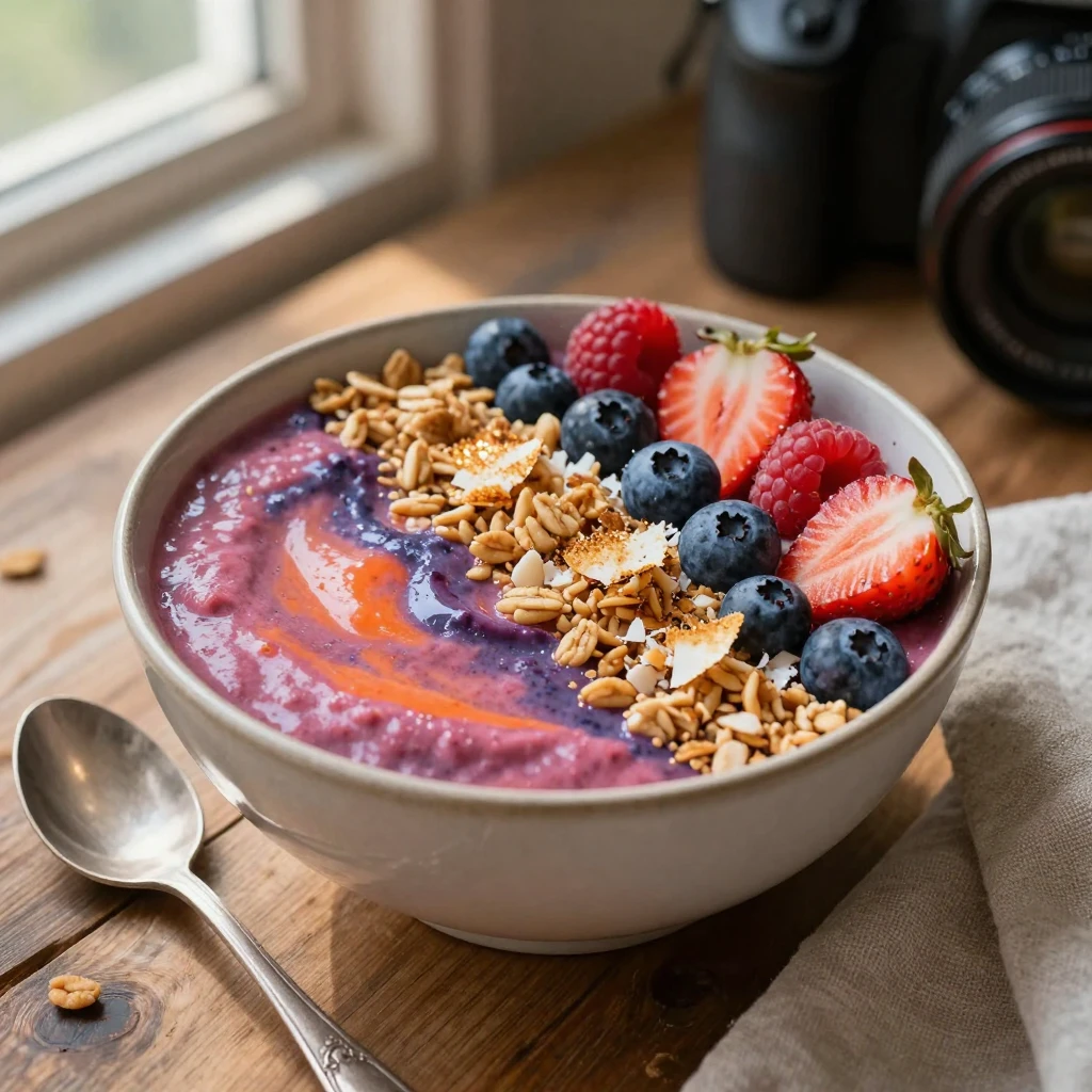 A colorful smoothie bowl topped with granola, berries, and toasted coconut