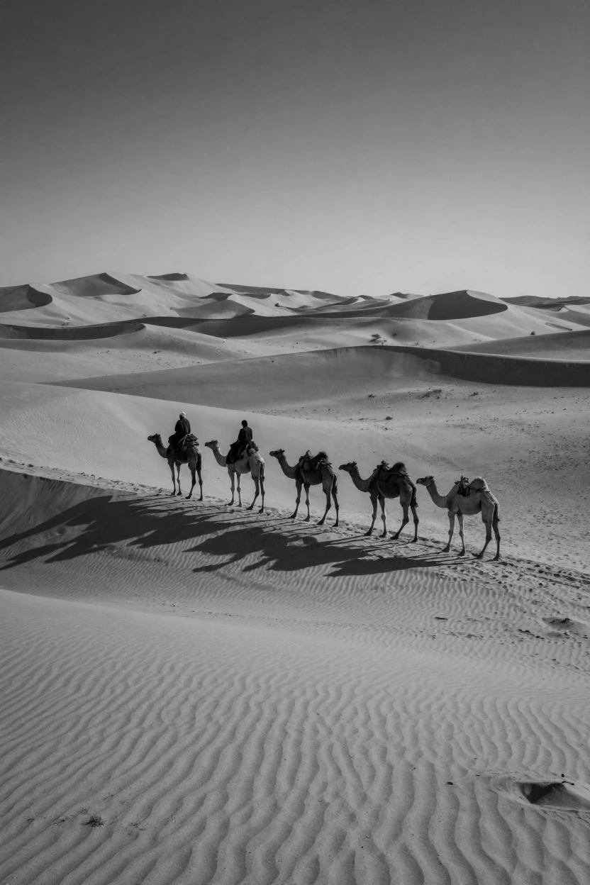 A camel caravan crosses vast rippling sand dunes across an endless desert landscape.