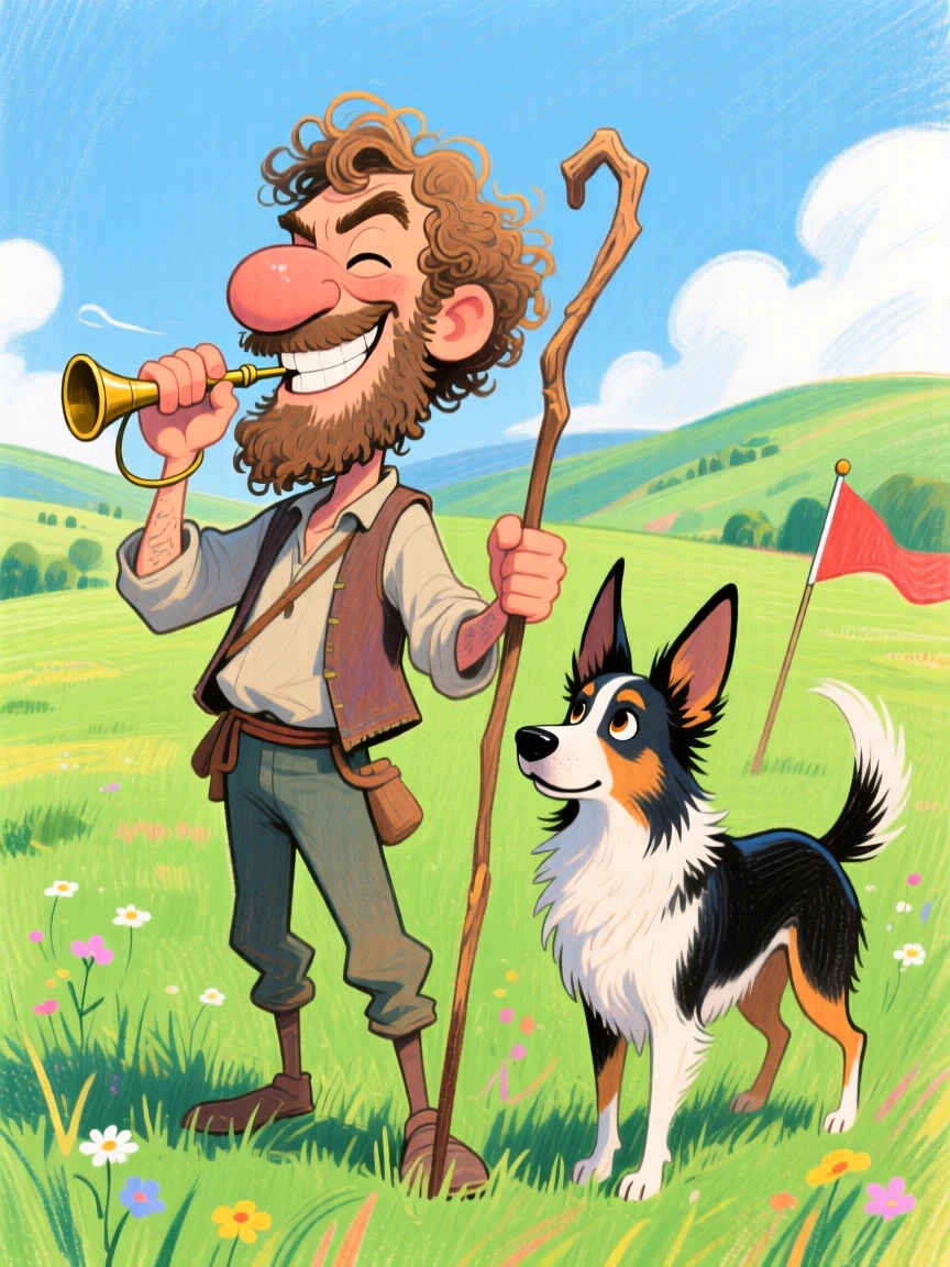 A shepherd whistling commands to a sharp, attentive herding dog in a green field.