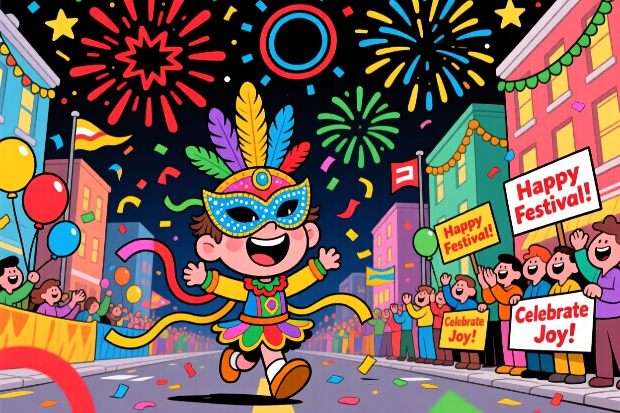 A festive celebration scene of a small child parading through the streets in festive costumes, under a sky full of fireworks.