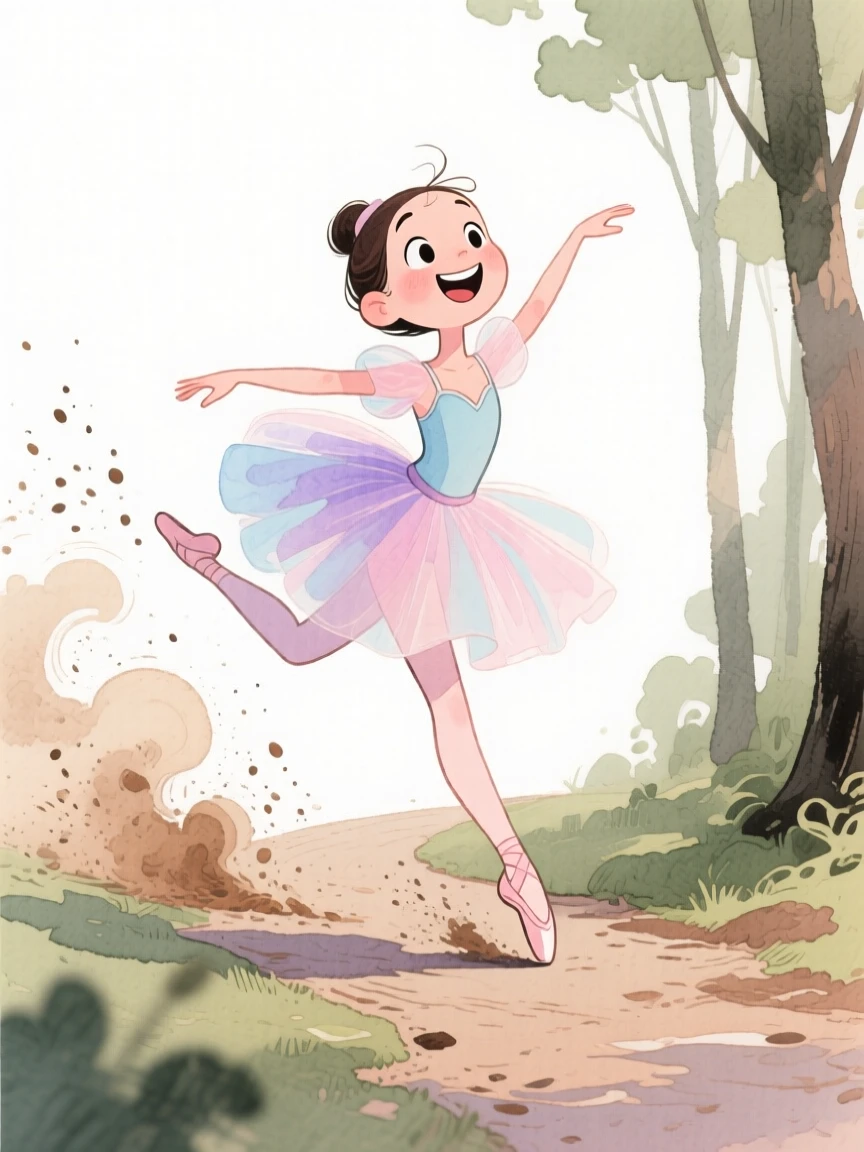 A ballet dancer flying down a forest trail spraying dirt