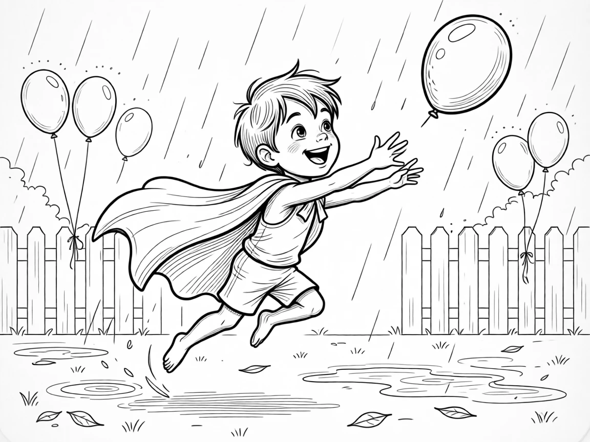 A kid dressed as a superhero with a towel cape, leaping with both arms outstretched to catch one, set in a backyard after a summer rainstorm. Balloons bob gently in the background. There's an innocent, giggly charm to the whole moment.