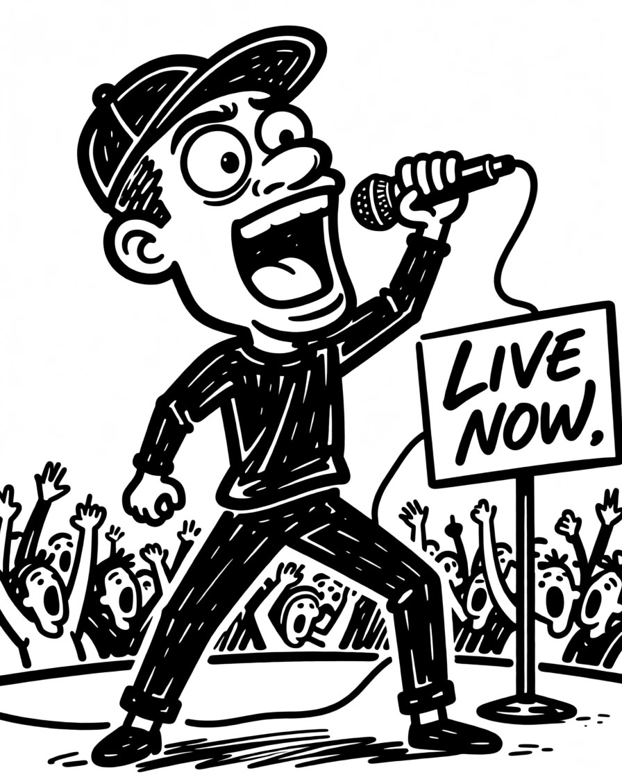 A rapper performing energetically on stage, microphone raised to a roaring crowd.