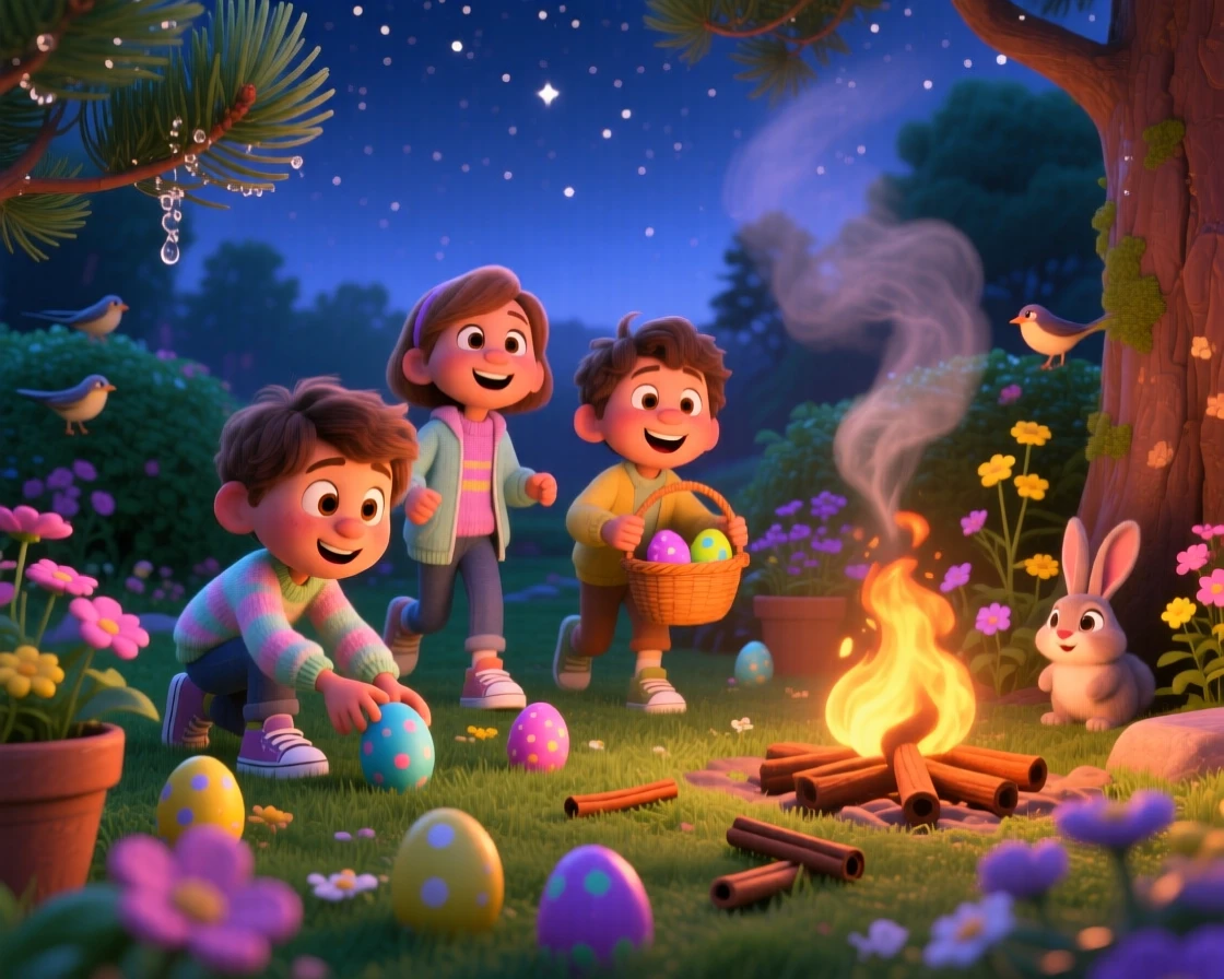 Kids hunting for hidden eggs in a spring garden happens around a crackling bonfire under a starry sky, with the scent of cinnamon and pine lingering nearby. A cozy, cheerful spirit radiates through the moment.