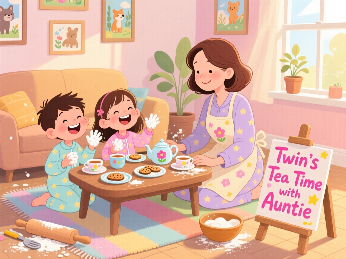 Twin siblings laughs while having a tea party on the living room floor together with her favorite aunt, with flour dusting their sleeves.