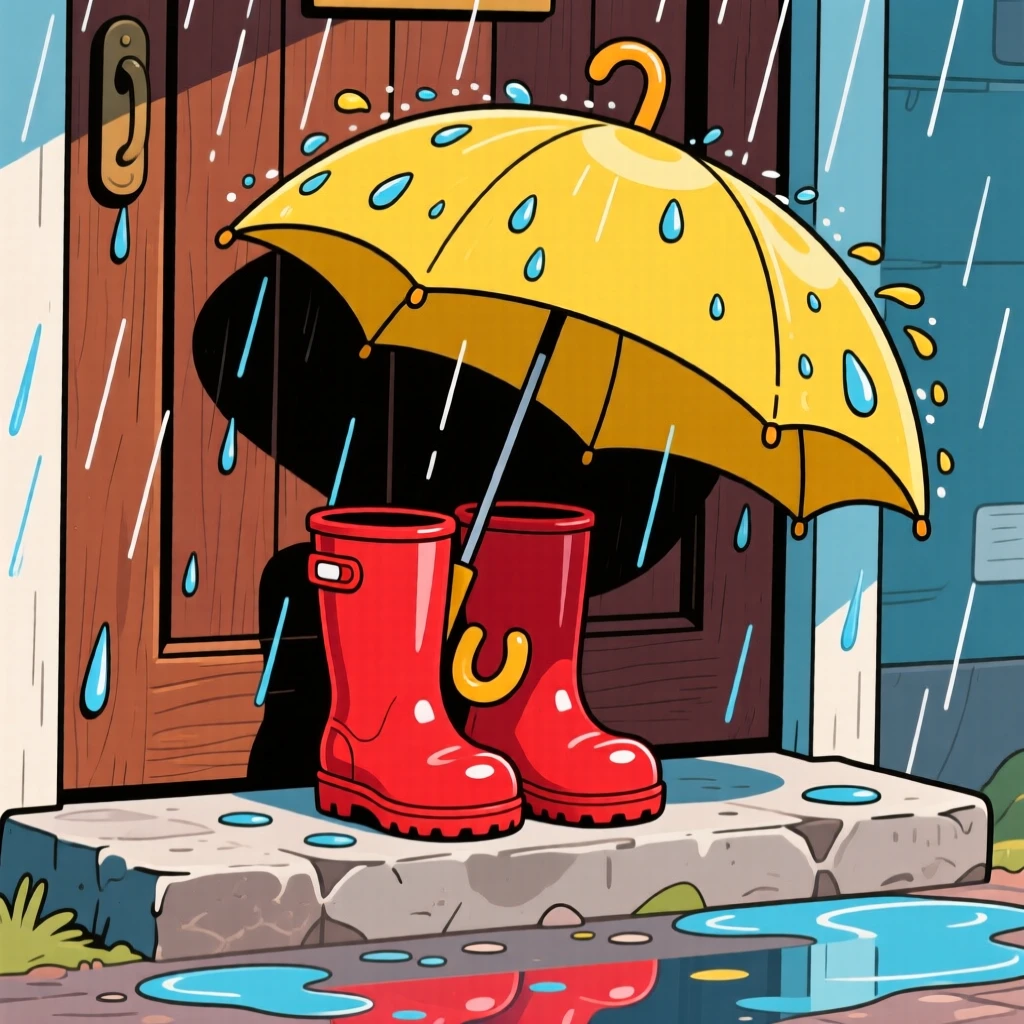 A pair of wellington boots and an umbrella by a rain-streaked door.