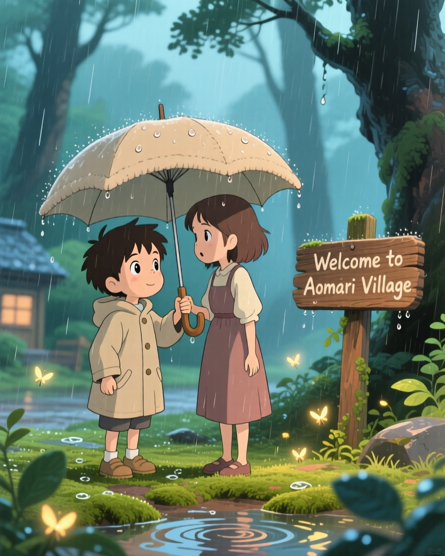 A tender moment of a boy sharing his umbrella with a stranger in the rain, the scene filled with hope.