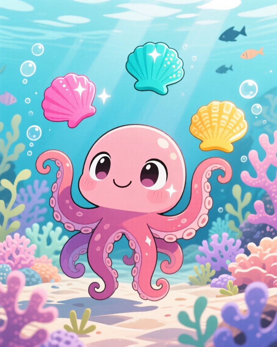 A curious octopus juggling colorful shells, framed as a close-up portrait within a coral garden seabed, during a light summer breeze, glowing under diffused overcast light, evoking sleepy relaxation.