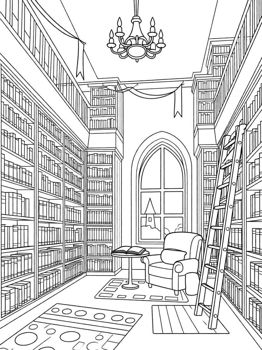 A castle library filled with tall shelves of storybooks